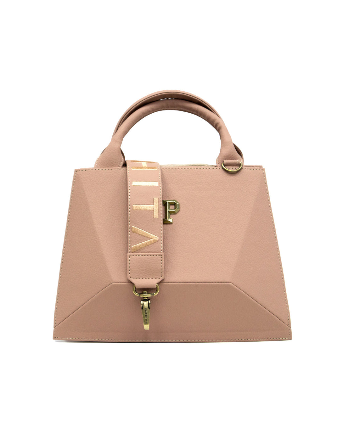 Cartera estructurada para mujer en PVC con bolsillo interno y correa ajustable.