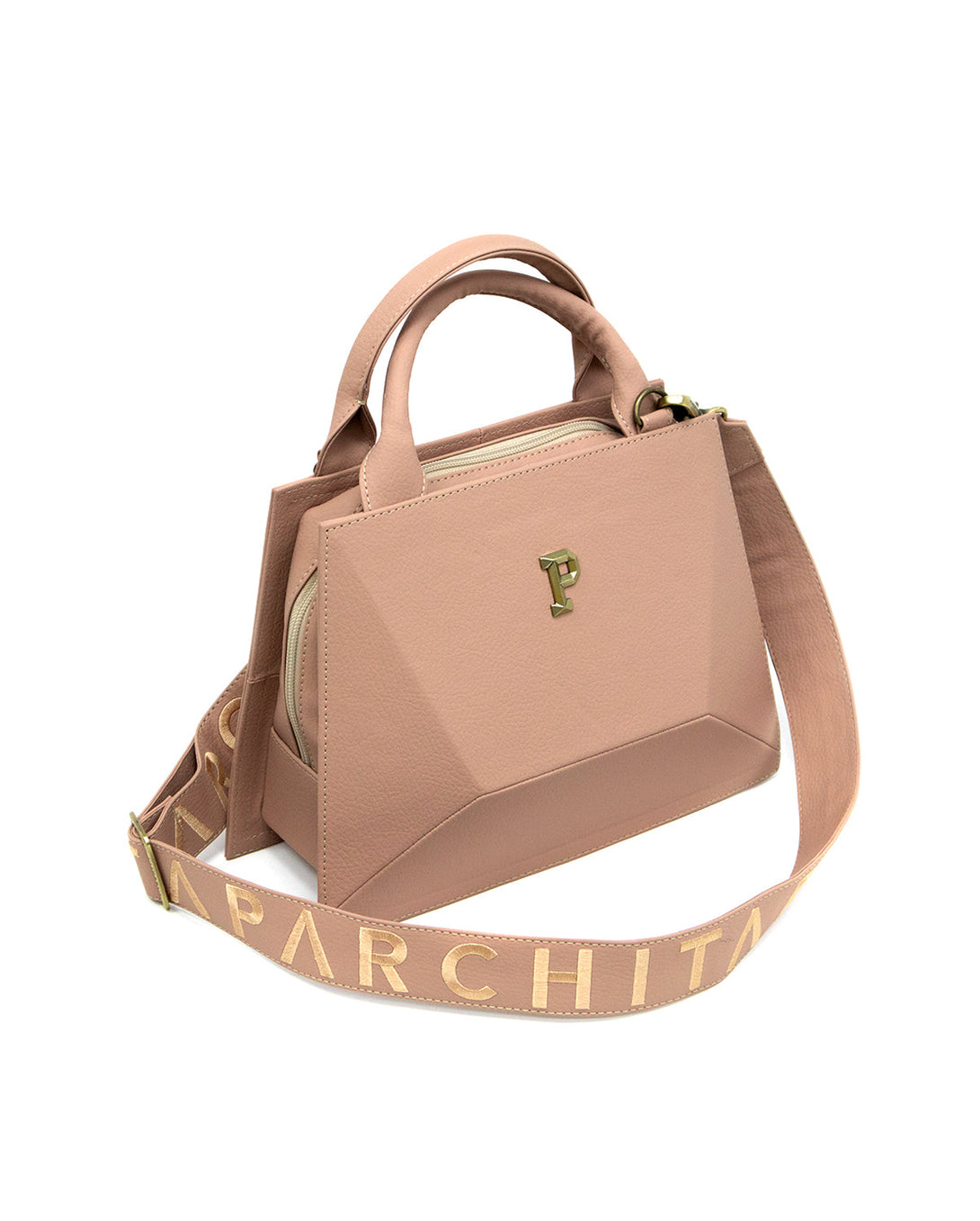 Cartera estructurada para mujer en PVC con bolsillo interno y correa ajustable.