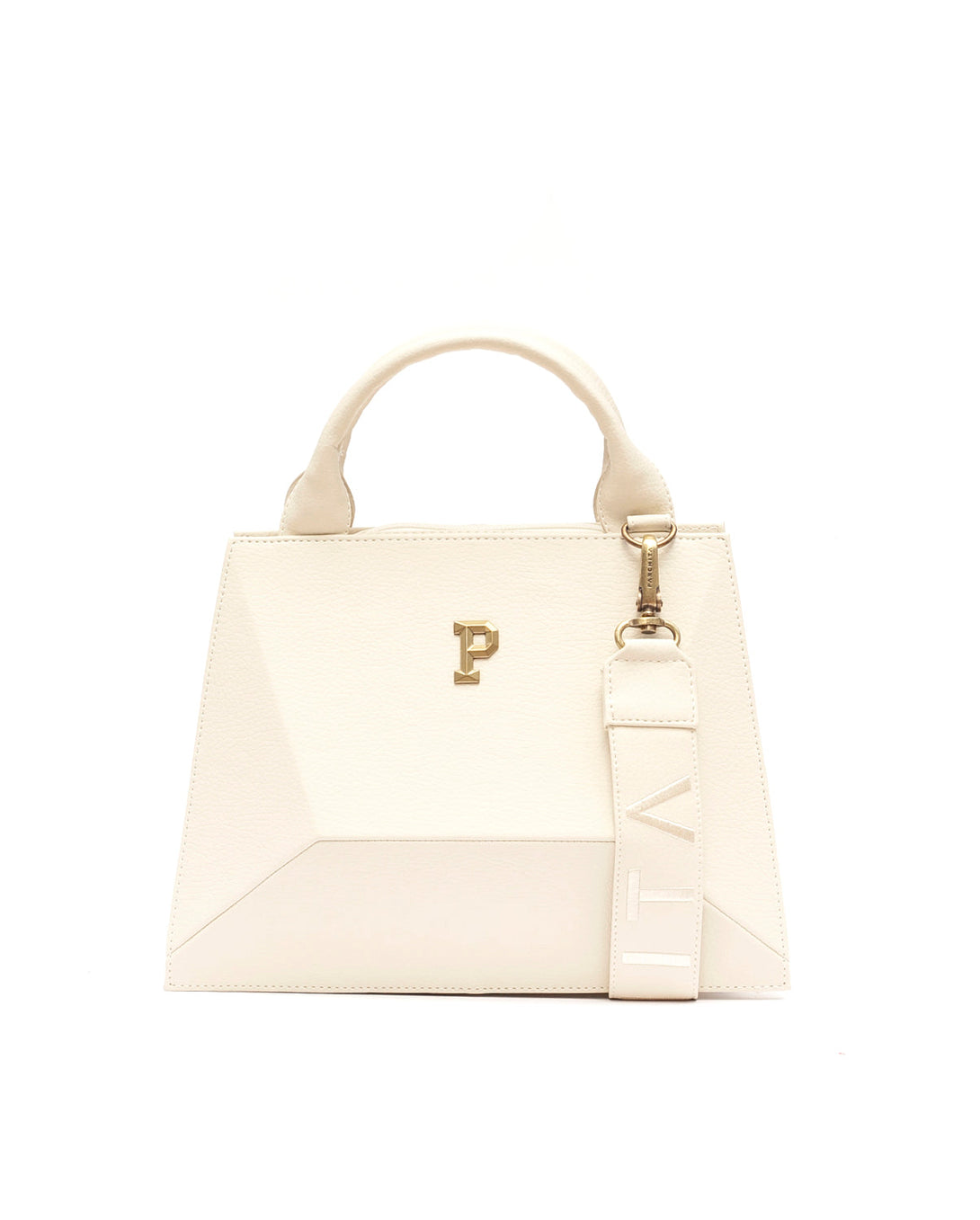 Cartera estructurada para mujer en PVC con bolsillo interno y correa ajustable.