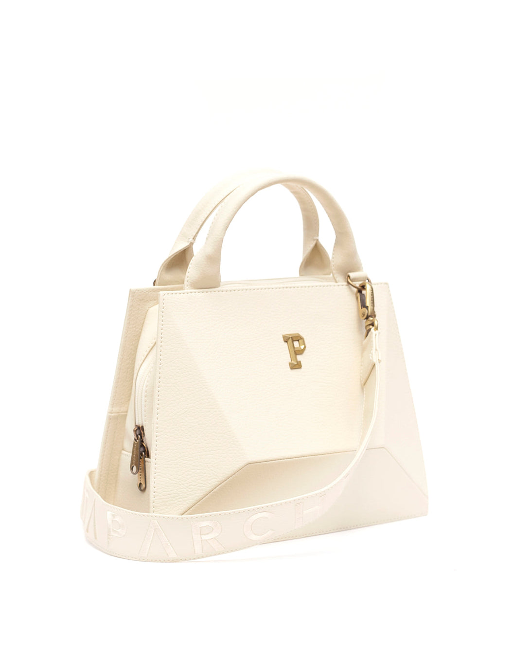 Cartera estructurada para mujer en PVC con bolsillo interno y correa ajustable.
