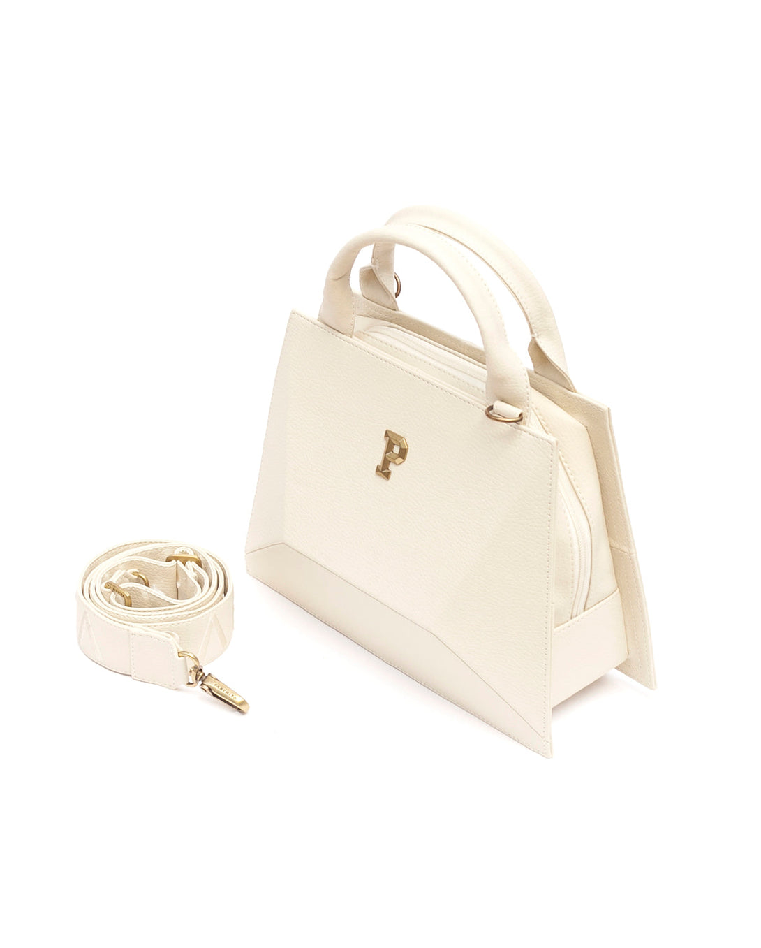 Cartera estructurada para mujer en PVC con bolsillo interno y correa ajustable.