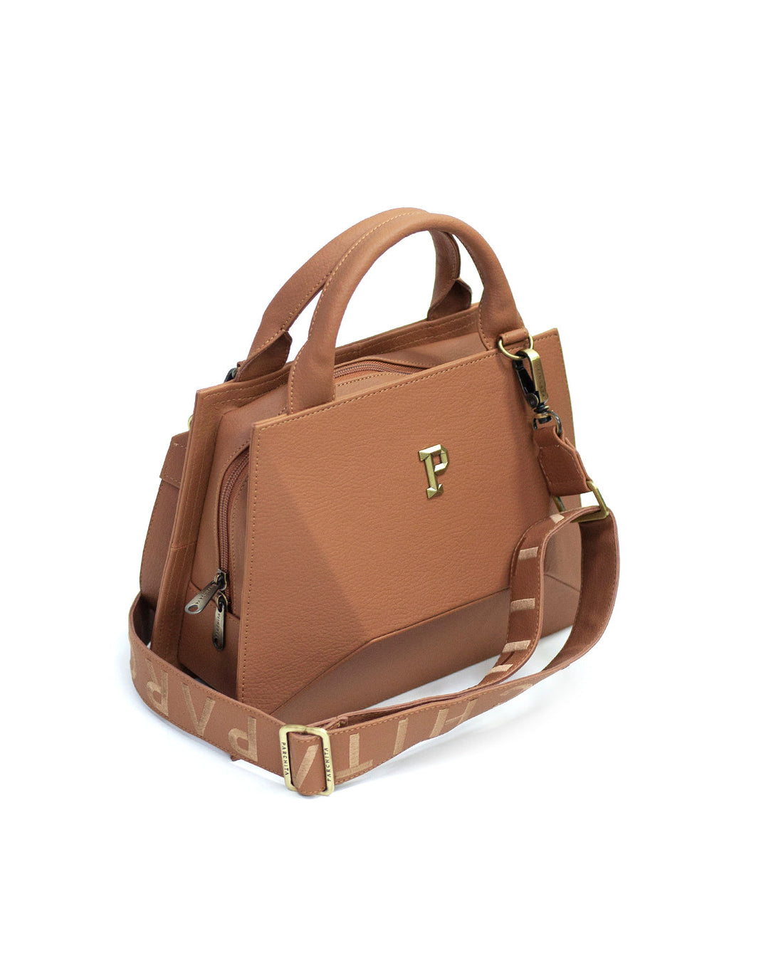 Cartera estructurada para mujer en PVC con bolsillo interno y correa ajustable.