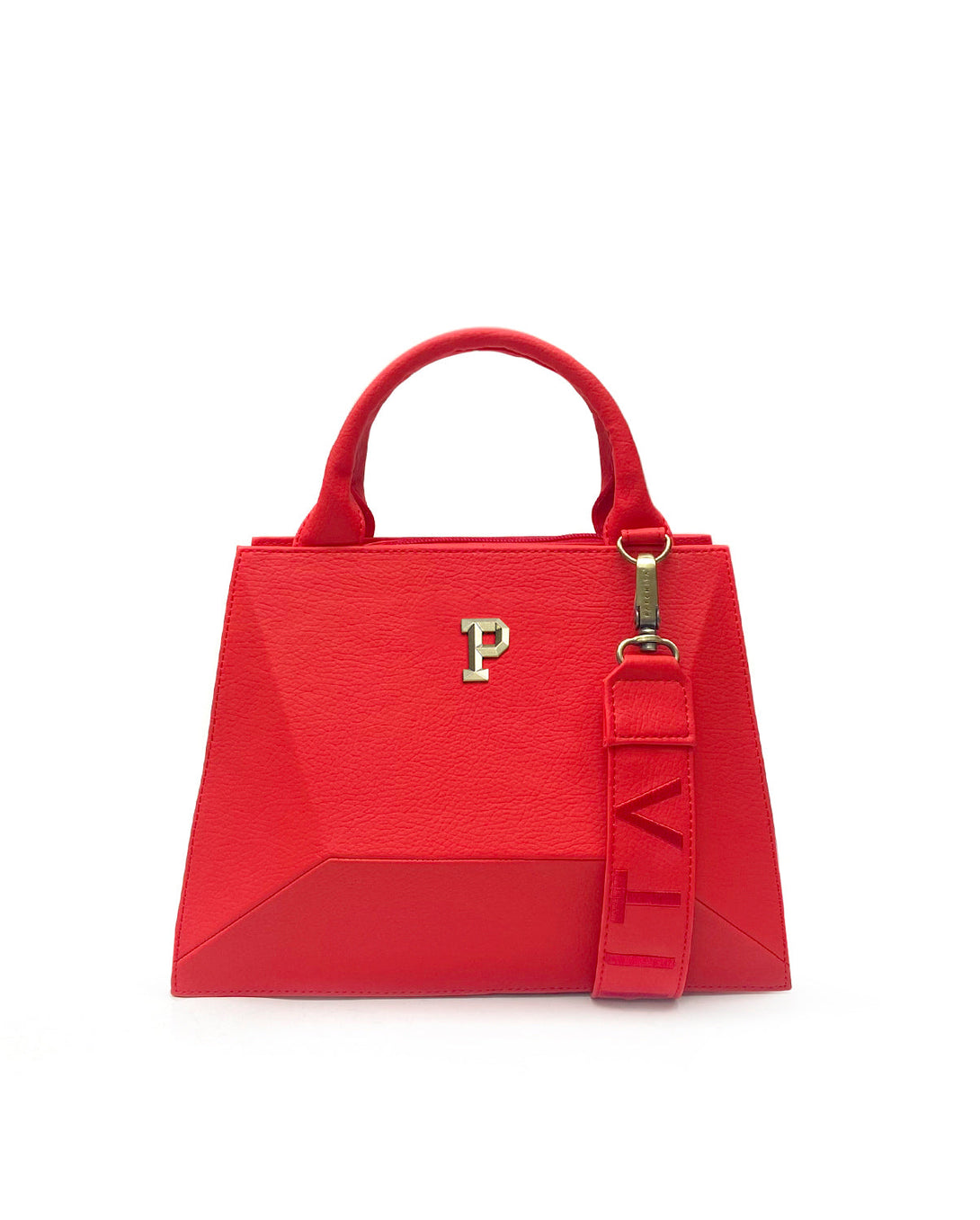 Cartera estructurada para mujer en PVC con bolsillo interno y correa ajustable.