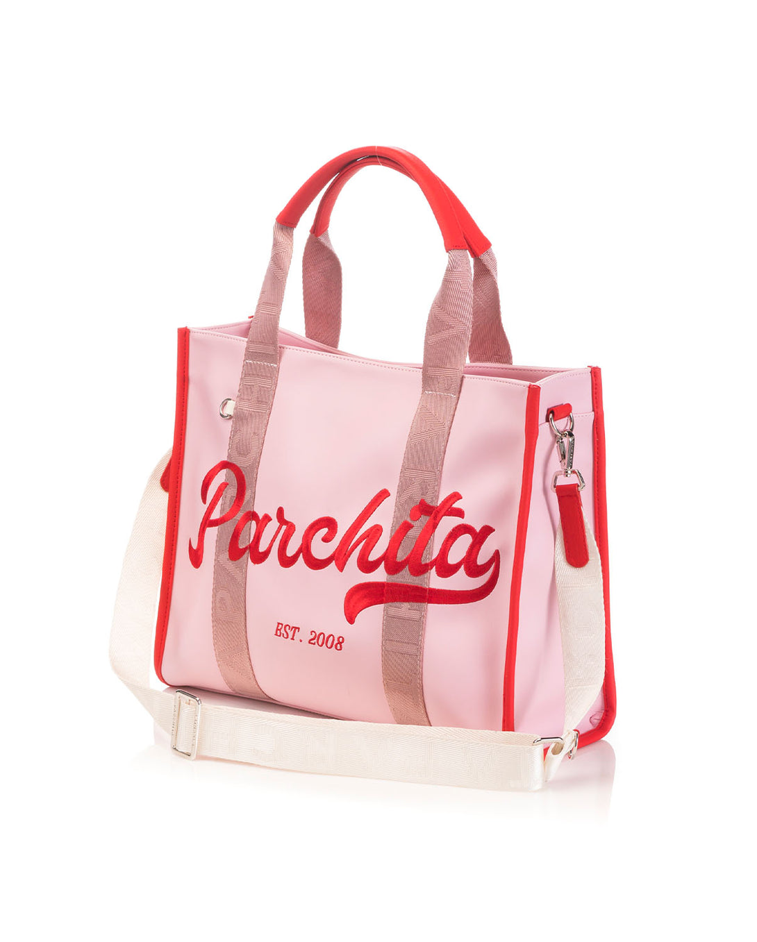 Bolso para mujer en PVC grande con bolsillos internos color rosado y correa ajustable ajustable