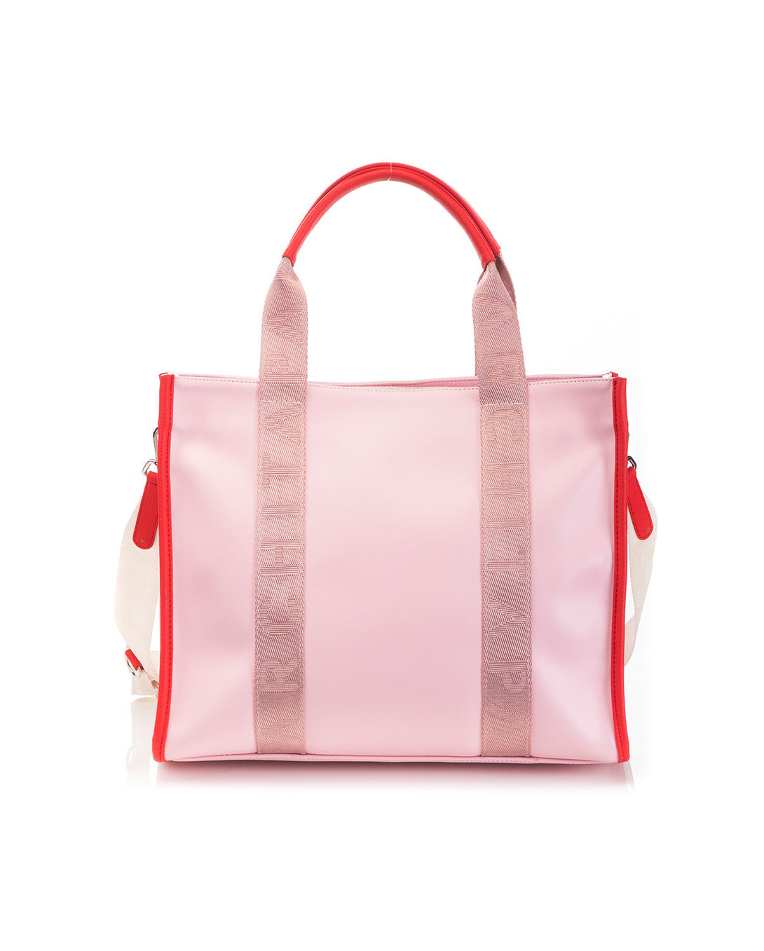Bolso para mujer en PVC grande con bolsillos internos color rosado y correa ajustable ajustable